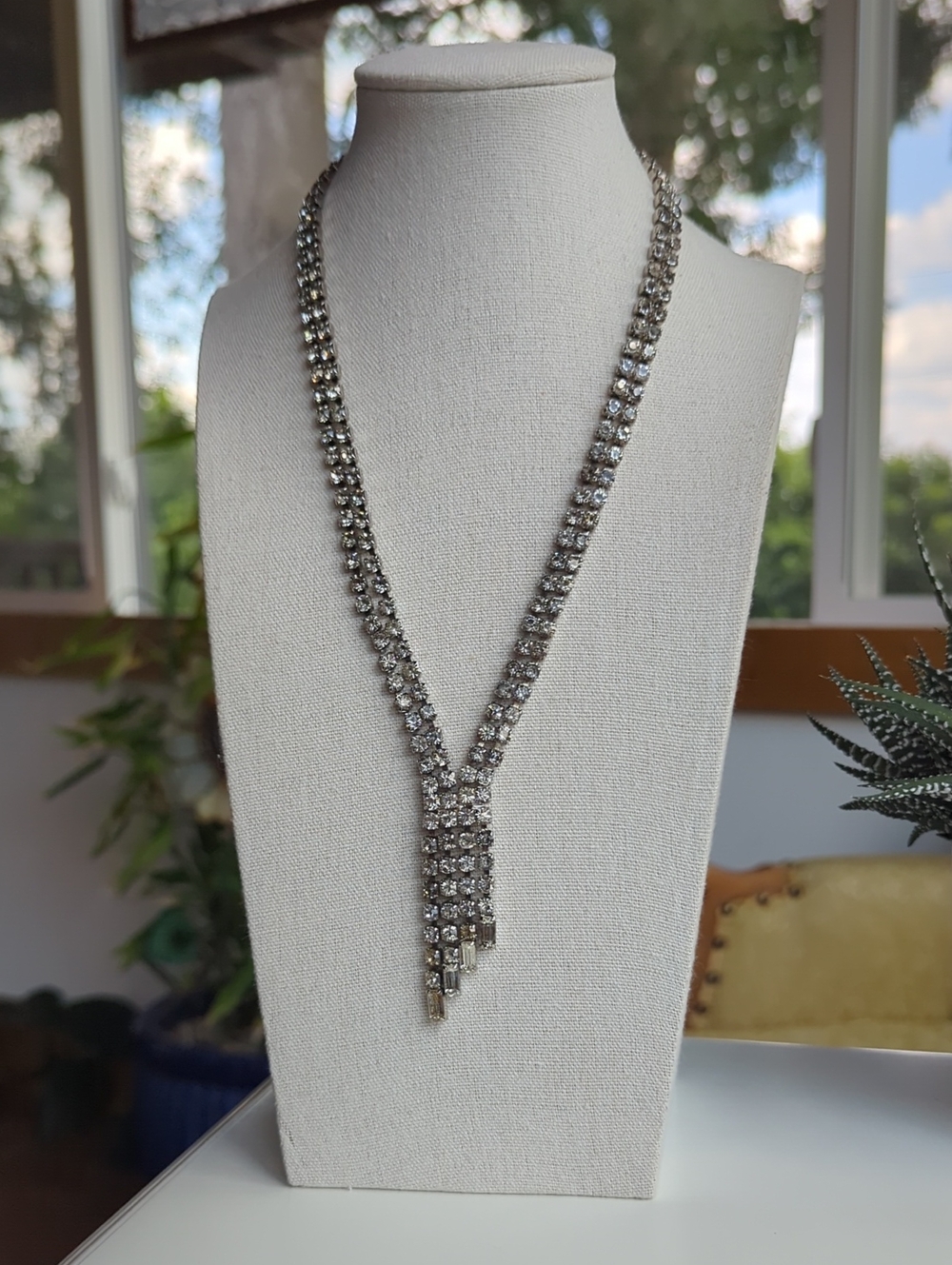 Vintage Rhinestone Tassel Y-Necklace in Silver Tone, 18"